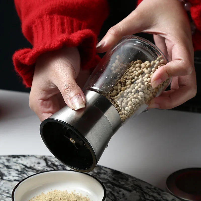 Premium Stainless Steel Pepper Grinder, Durable Glass Body, Adjustable Coarseness Handheld Spice Mill