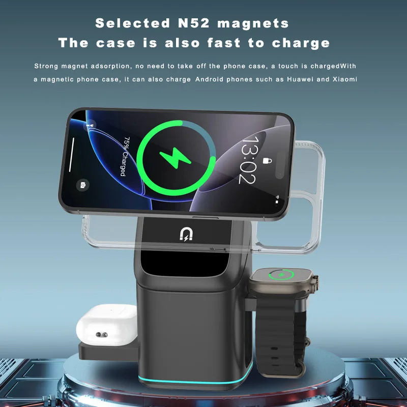 3 in 1 Rotating Wireless Charging Station, Magnetic Charger Stand for Phone & iWatch & Wireless Earbuds,Adjustable Charging Dock