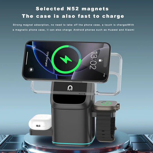 3 in 1 Rotating Wireless Charging Station, Magnetic Charger Stand for Phone & iWatch & Wireless Earbuds,Adjustable Charging Dock