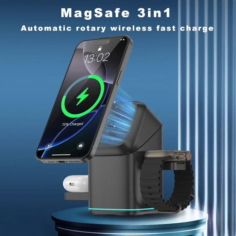 3 in 1 Rotating Wireless Charging Station, Magnetic Charger Stand for Phone & iWatch & Wireless Earbuds,Adjustable Charging Dock