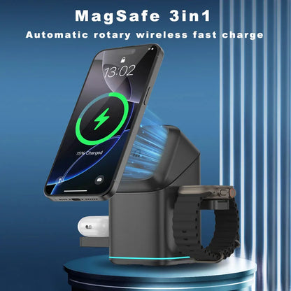 3 in 1 Rotating Wireless Charging Station, Magnetic Charger Stand for Phone & iWatch & Wireless Earbuds,Adjustable Charging Dock