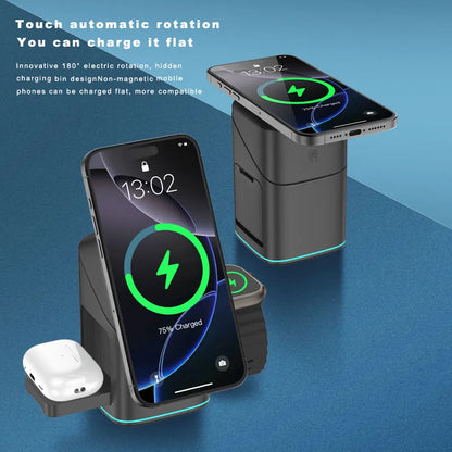 3 in 1 Rotating Wireless Charging Station, Magnetic Charger Stand for Phone & iWatch & Wireless Earbuds,Adjustable Charging Dock